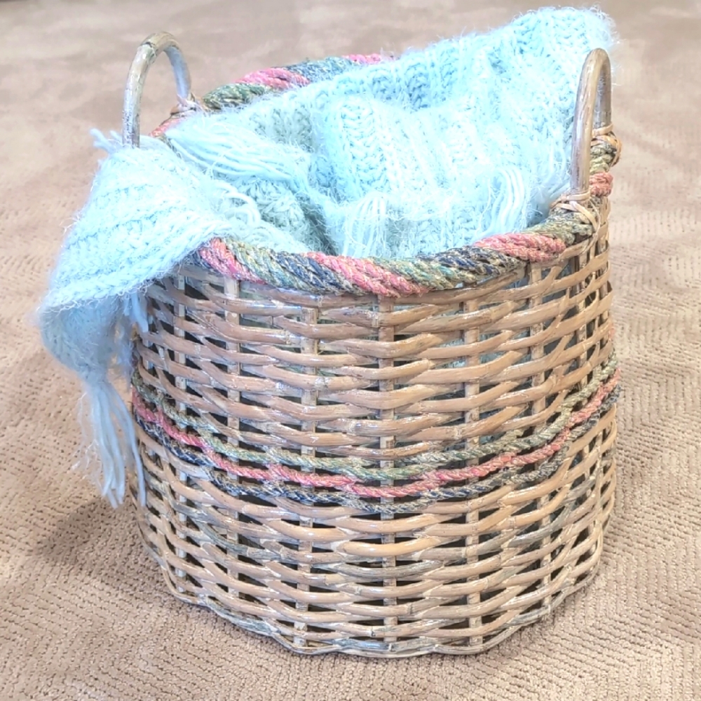 Vintage 80's Large Woven Basket With Pastel Rope Trim Accents Laundry Basket